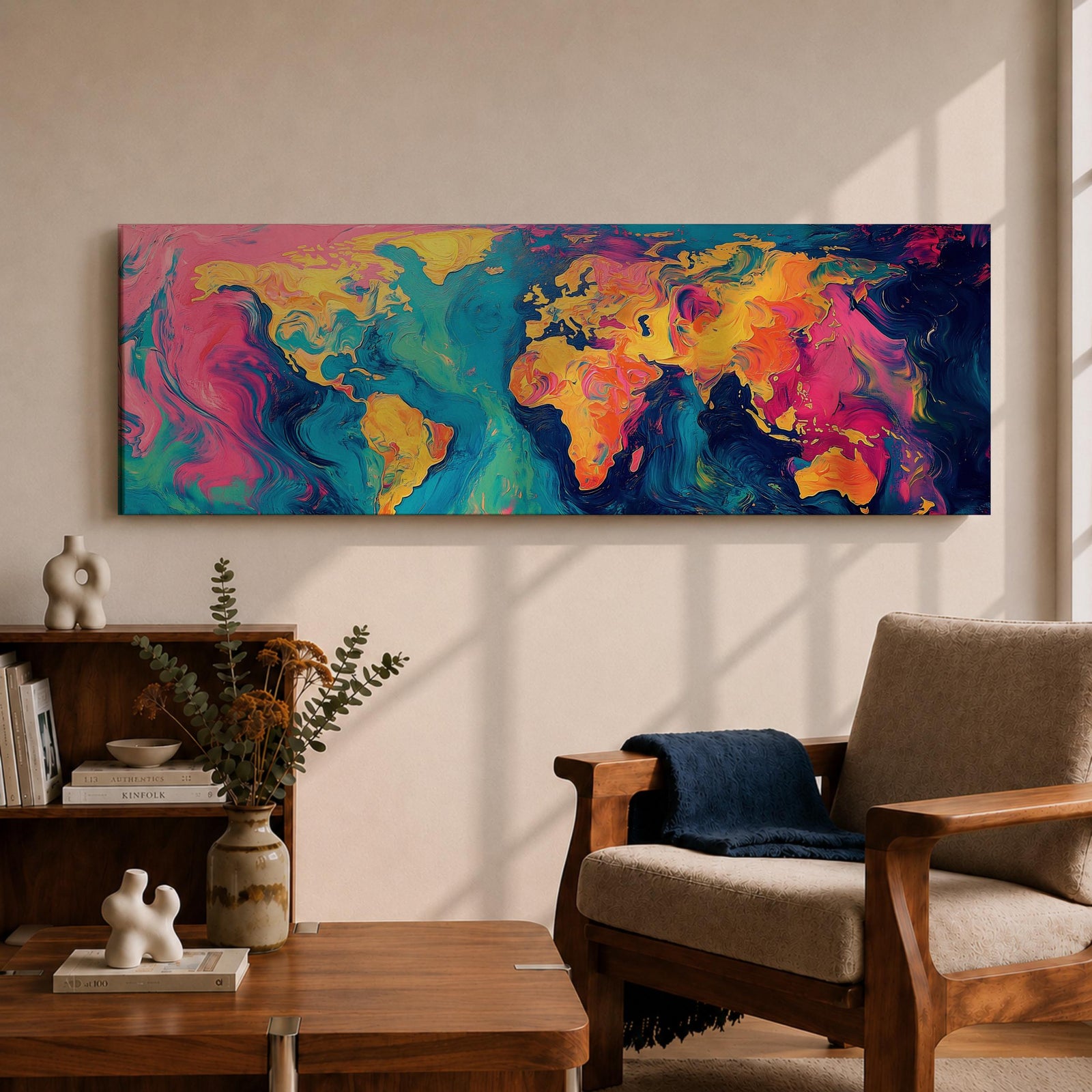 A long panoramic abstract world map painted with swirling fluid colors including vivid pink, turquoise blue, deep navy, and golden yellow. Continents emerge through marbled brush textures and flowing paint patterns, forming a modern global atlas composition across a wide horizontal canvas.