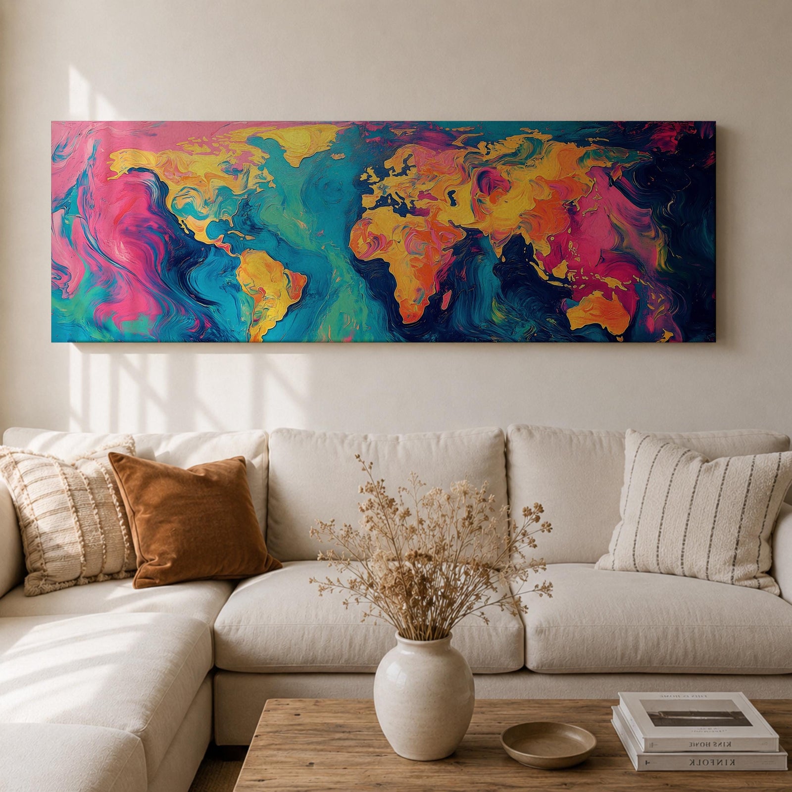 A long panoramic abstract world map painted with swirling fluid colors including vivid pink, turquoise blue, deep navy, and golden yellow. Continents emerge through marbled brush textures and flowing paint patterns, forming a modern global atlas composition across a wide horizontal canvas.