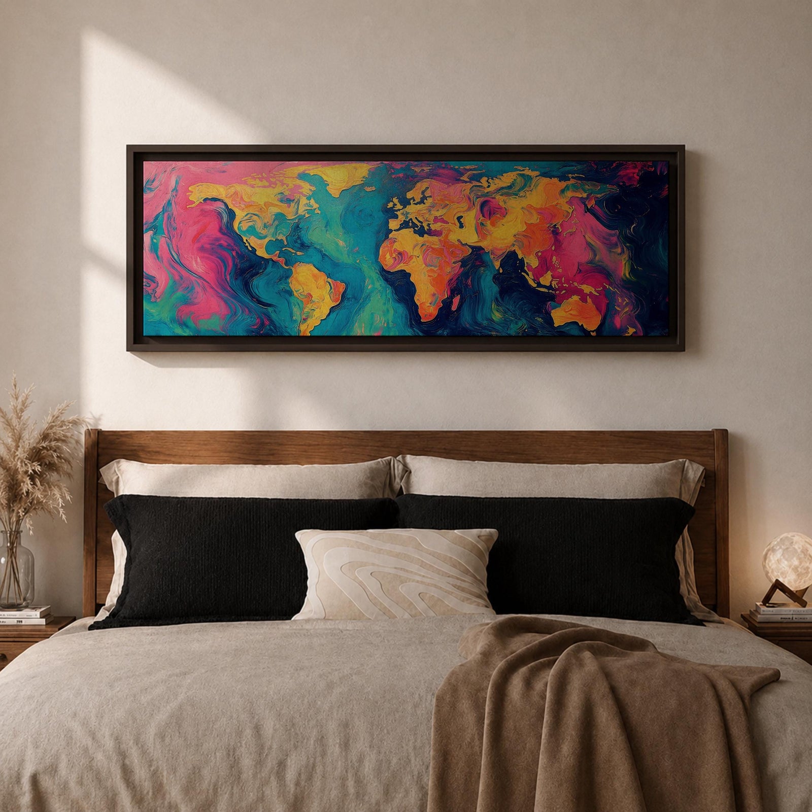 A long panoramic abstract world map painted with swirling fluid colors including vivid pink, turquoise blue, deep navy, and golden yellow. Continents emerge through marbled brush textures and flowing paint patterns, forming a modern global atlas composition across a wide horizontal canvas.