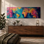 A long panoramic abstract world map painted with swirling fluid colors including vivid pink, turquoise blue, deep navy, and golden yellow. Continents emerge through marbled brush textures and flowing paint patterns, forming a modern global atlas composition across a wide horizontal canvas.