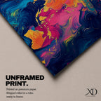 A long panoramic abstract world map painted with swirling fluid colors including vivid pink, turquoise blue, deep navy, and golden yellow. Continents emerge through marbled brush textures and flowing paint patterns, forming a modern global atlas composition across a wide horizontal canvas.