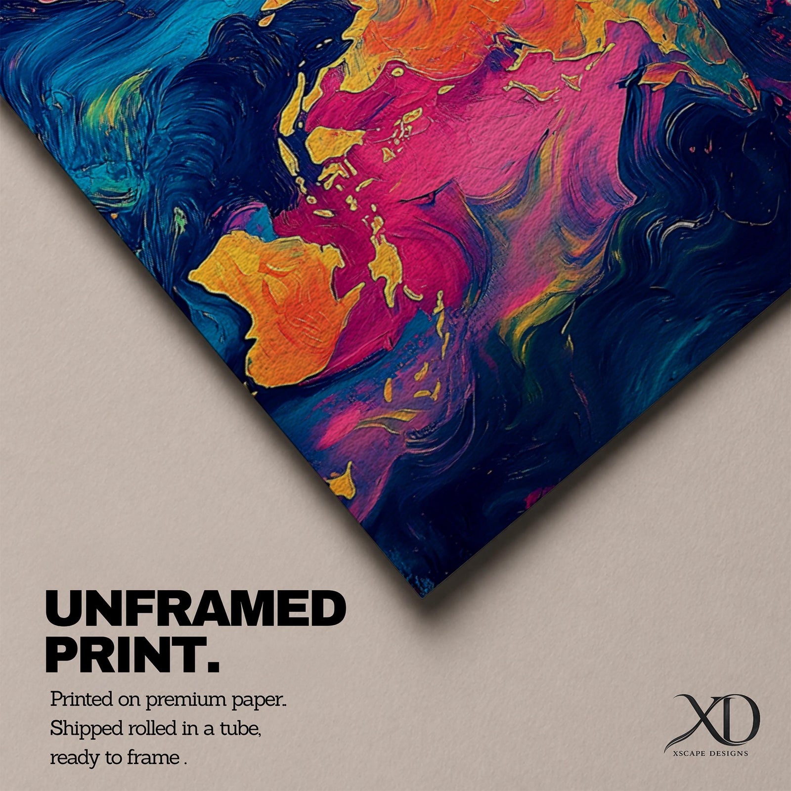 A long panoramic abstract world map painted with swirling fluid colors including vivid pink, turquoise blue, deep navy, and golden yellow. Continents emerge through marbled brush textures and flowing paint patterns, forming a modern global atlas composition across a wide horizontal canvas.