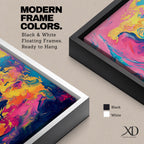 A long panoramic abstract world map painted with swirling fluid colors including vivid pink, turquoise blue, deep navy, and golden yellow. Continents emerge through marbled brush textures and flowing paint patterns, forming a modern global atlas composition across a wide horizontal canvas.