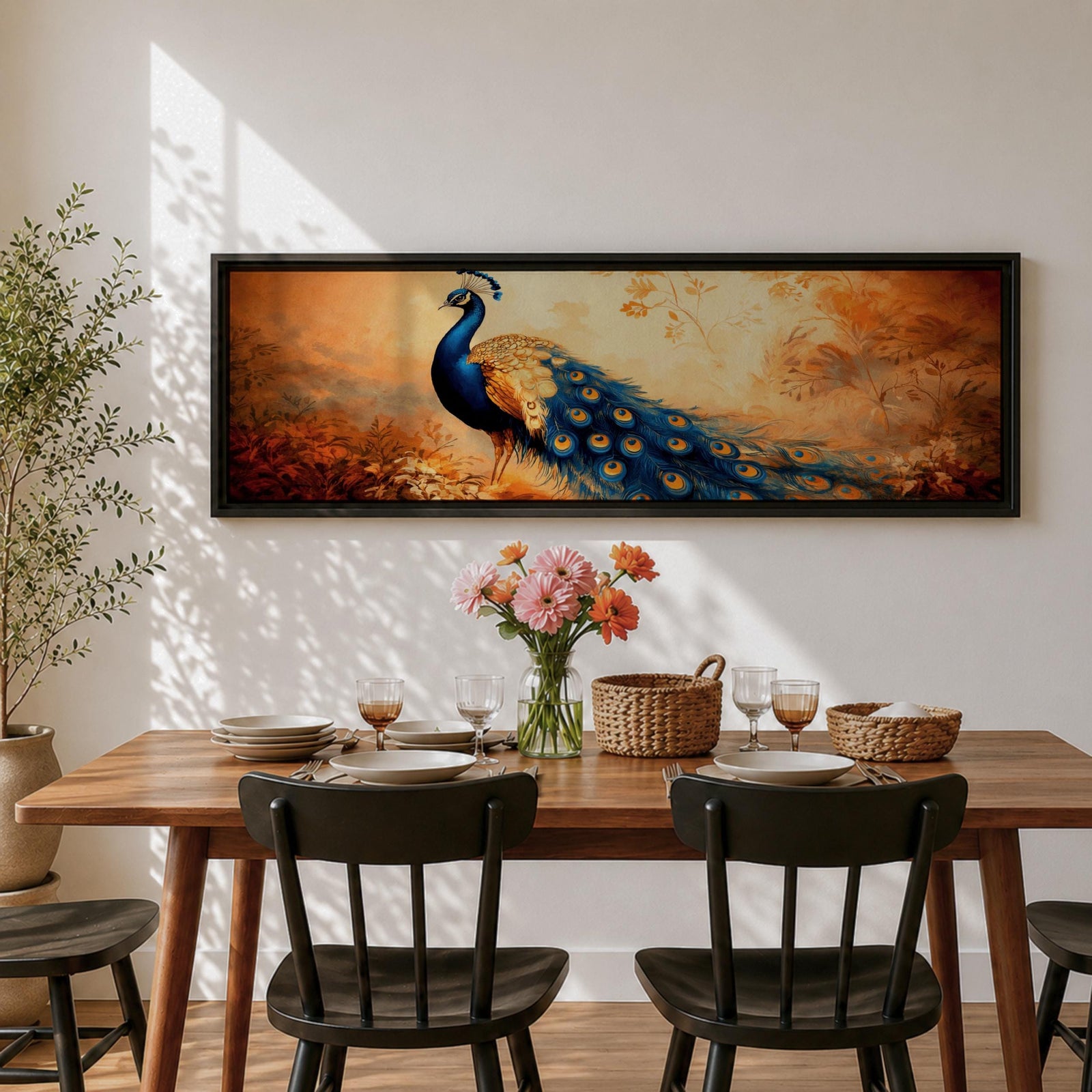 A long panoramic painting of a vibrant peacock standing in an autumn landscape with its long blue and gold tail feathers flowing across the composition. The bird displays detailed eye patterned plumage while warm sunset tones and delicate foliage create a serene nature scene in a wide horizontal format.