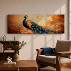 A long panoramic painting of a vibrant peacock standing in an autumn landscape with its long blue and gold tail feathers flowing across the composition. The bird displays detailed eye patterned plumage while warm sunset tones and delicate foliage create a serene nature scene in a wide horizontal format.