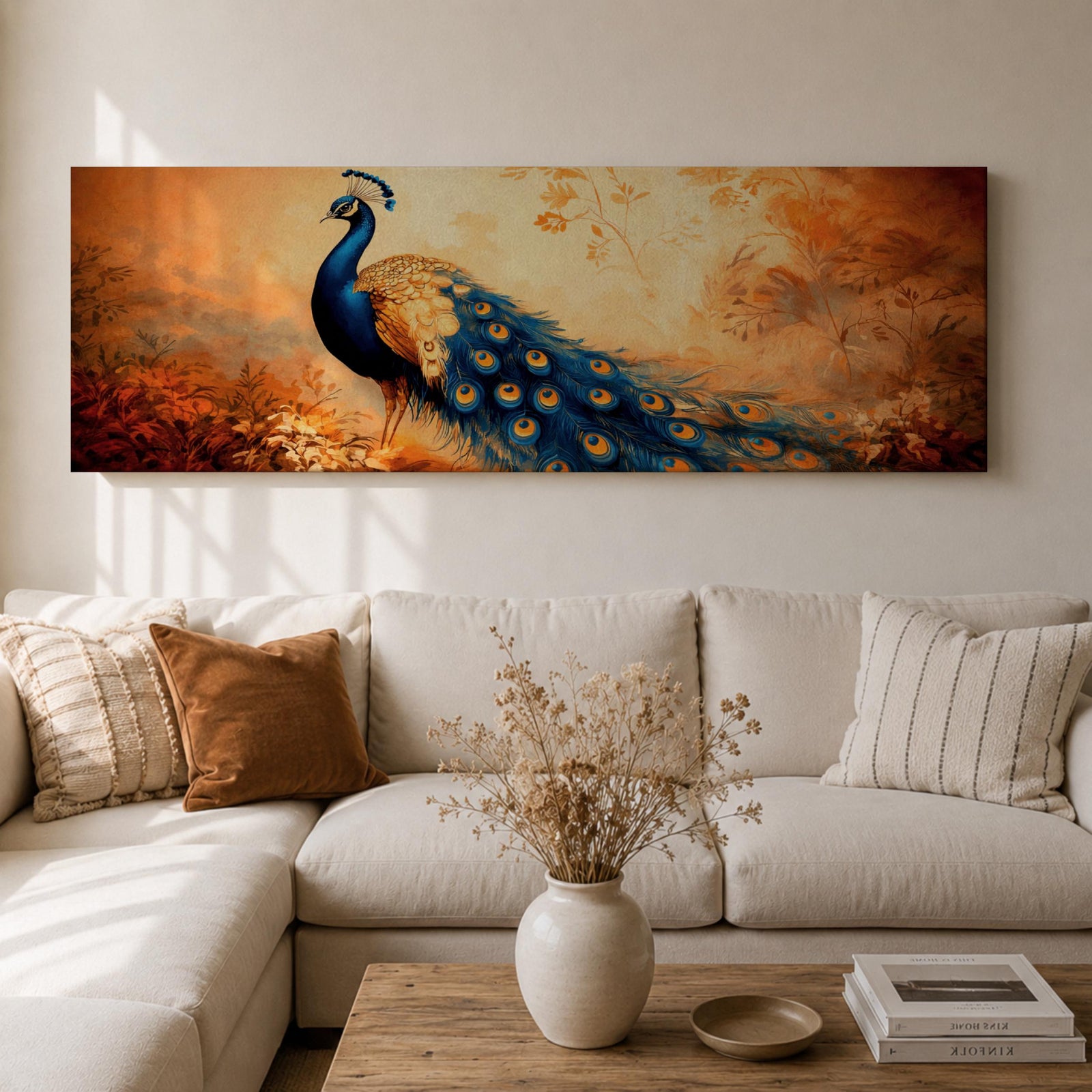 A long panoramic painting of a vibrant peacock standing in an autumn landscape with its long blue and gold tail feathers flowing across the composition. The bird displays detailed eye patterned plumage while warm sunset tones and delicate foliage create a serene nature scene in a wide horizontal format.