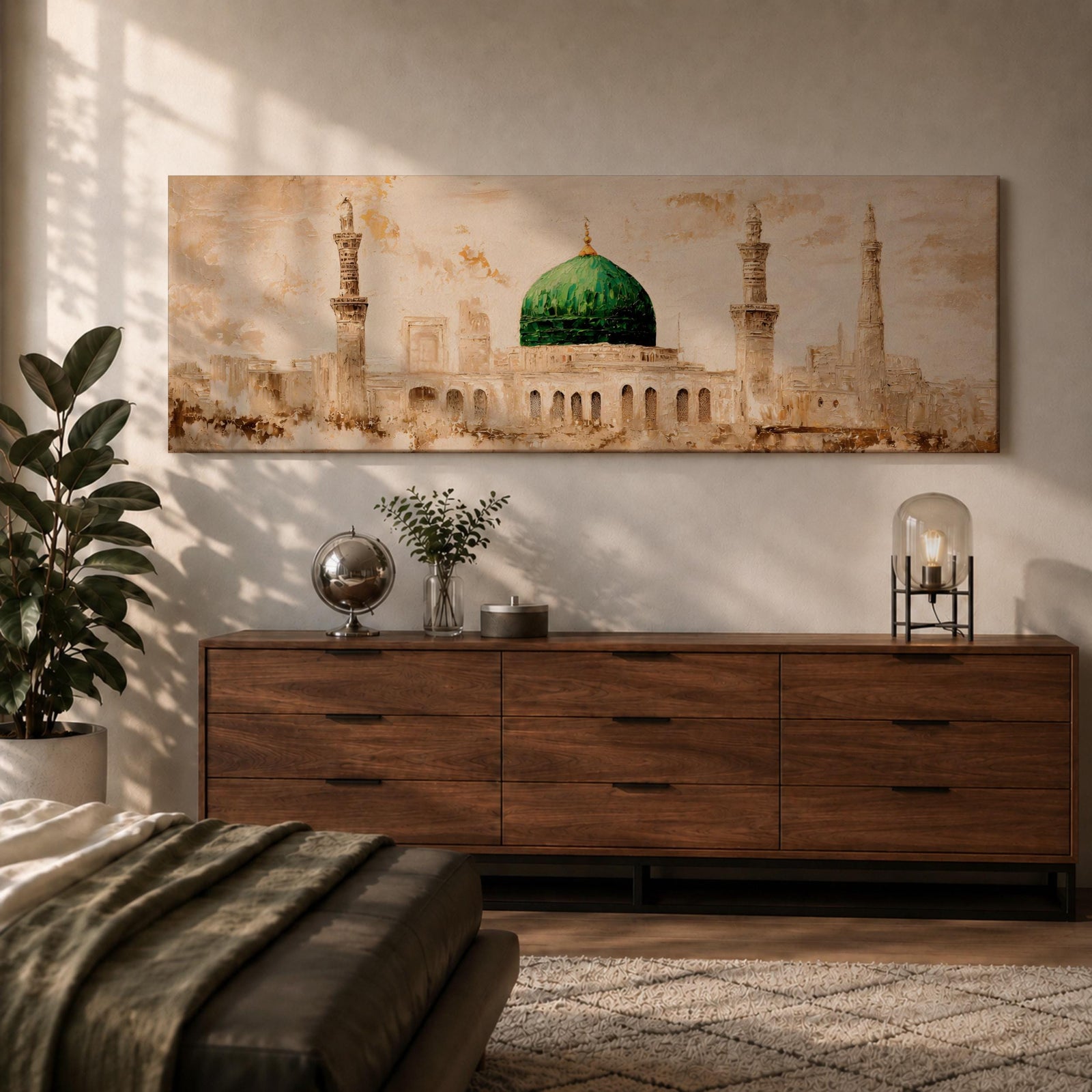 A long panoramic painting of the Green Dome of Masjid Nabawi in Medina rising above elegant mosque arches and courtyards. Tall slender minarets frame the sacred structure while soft beige and golden tones create a historic Islamic architectural scene centered on the iconic green dome in a wide horizontal composition.