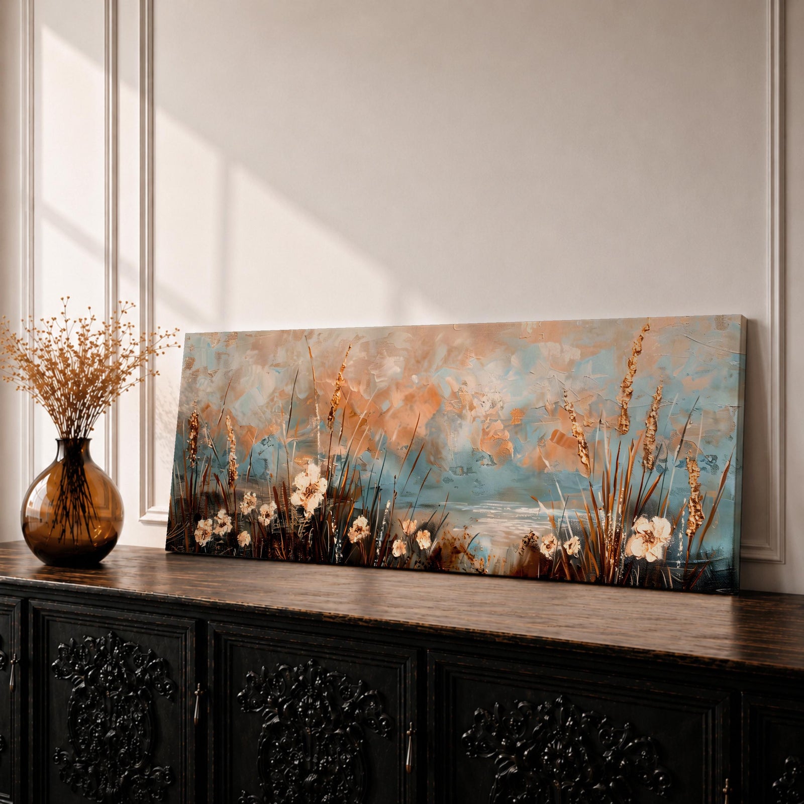 A long panoramic painting of delicate wildflowers and tall meadow grasses growing along a tranquil waterside landscape. Soft pastel tones of blue, peach, and cream blend in the sky while textured stems and blossoms rise across the foreground, creating a calm botanical meadow scene in a wide horizontal composition.