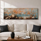 A long panoramic painting of delicate wildflowers and tall meadow grasses growing along a tranquil waterside landscape. Soft pastel tones of blue, peach, and cream blend in the sky while textured stems and blossoms rise across the foreground, creating a calm botanical meadow scene in a wide horizontal composition.