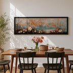 A long panoramic painting of delicate wildflowers and tall meadow grasses growing along a tranquil waterside landscape. Soft pastel tones of blue, peach, and cream blend in the sky while textured stems and blossoms rise across the foreground, creating a calm botanical meadow scene in a wide horizontal composition.