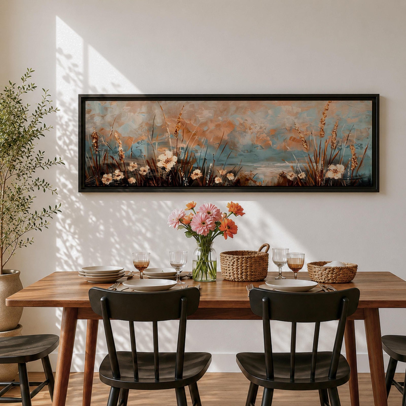 A long panoramic painting of delicate wildflowers and tall meadow grasses growing along a tranquil waterside landscape. Soft pastel tones of blue, peach, and cream blend in the sky while textured stems and blossoms rise across the foreground, creating a calm botanical meadow scene in a wide horizontal composition.