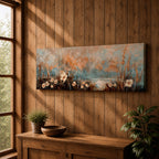 A long panoramic painting of delicate wildflowers and tall meadow grasses growing along a tranquil waterside landscape. Soft pastel tones of blue, peach, and cream blend in the sky while textured stems and blossoms rise across the foreground, creating a calm botanical meadow scene in a wide horizontal composition.