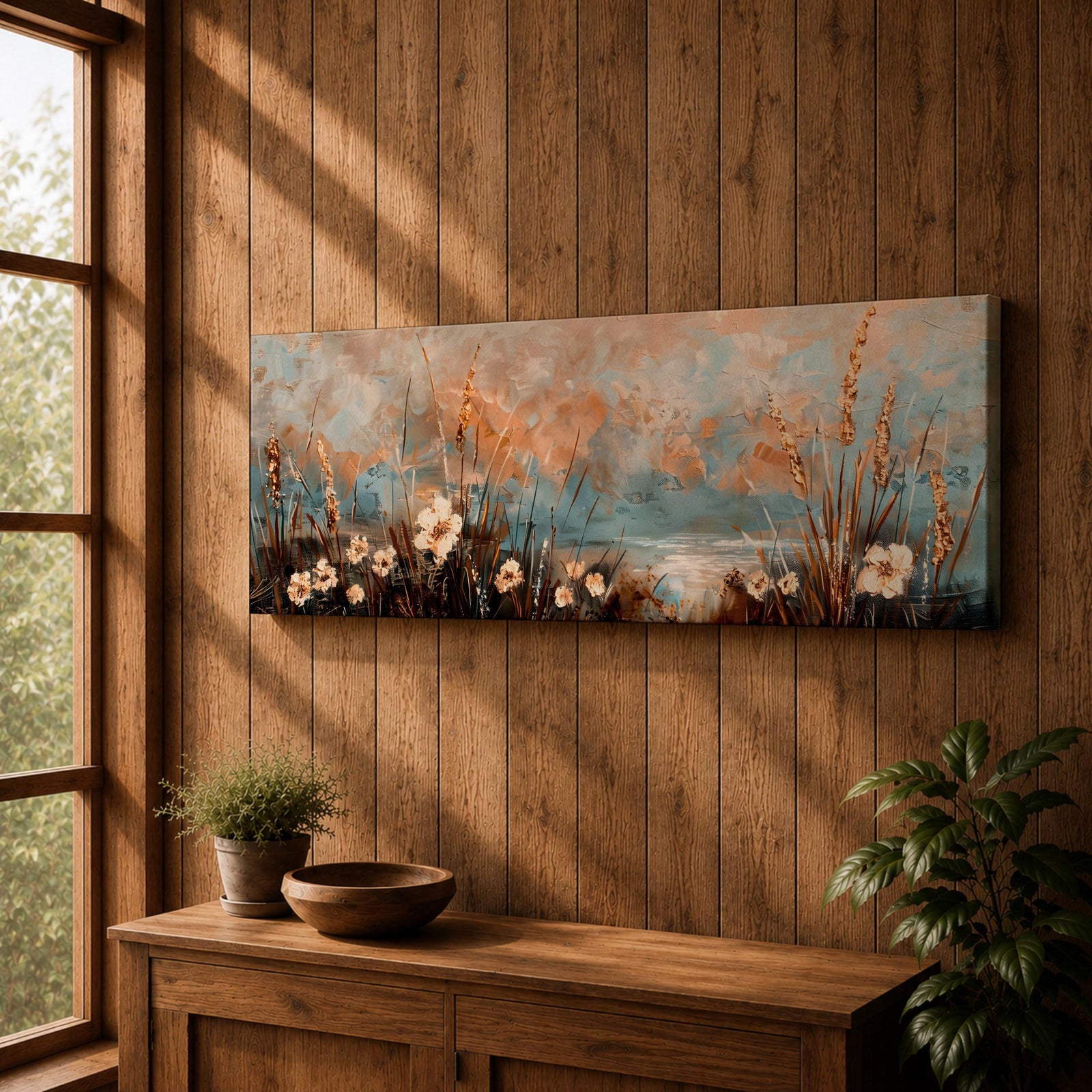A long panoramic painting of delicate wildflowers and tall meadow grasses growing along a tranquil waterside landscape. Soft pastel tones of blue, peach, and cream blend in the sky while textured stems and blossoms rise across the foreground, creating a calm botanical meadow scene in a wide horizontal composition.