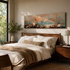 A long panoramic painting of delicate wildflowers and tall meadow grasses growing along a tranquil waterside landscape. Soft pastel tones of blue, peach, and cream blend in the sky while textured stems and blossoms rise across the foreground, creating a calm botanical meadow scene in a wide horizontal composition.