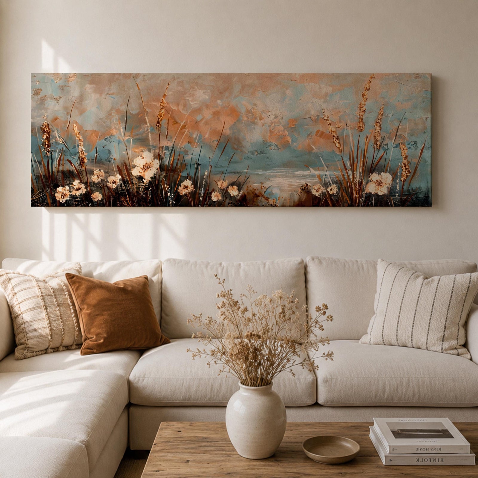 A long panoramic painting of delicate wildflowers and tall meadow grasses growing along a tranquil waterside landscape. Soft pastel tones of blue, peach, and cream blend in the sky while textured stems and blossoms rise across the foreground, creating a calm botanical meadow scene in a wide horizontal composition.