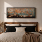 A long panoramic painting of delicate wildflowers and tall meadow grasses growing along a tranquil waterside landscape. Soft pastel tones of blue, peach, and cream blend in the sky while textured stems and blossoms rise across the foreground, creating a calm botanical meadow scene in a wide horizontal composition.