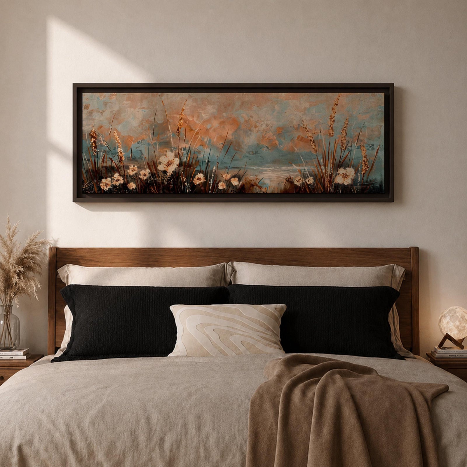 A long panoramic painting of delicate wildflowers and tall meadow grasses growing along a tranquil waterside landscape. Soft pastel tones of blue, peach, and cream blend in the sky while textured stems and blossoms rise across the foreground, creating a calm botanical meadow scene in a wide horizontal composition.