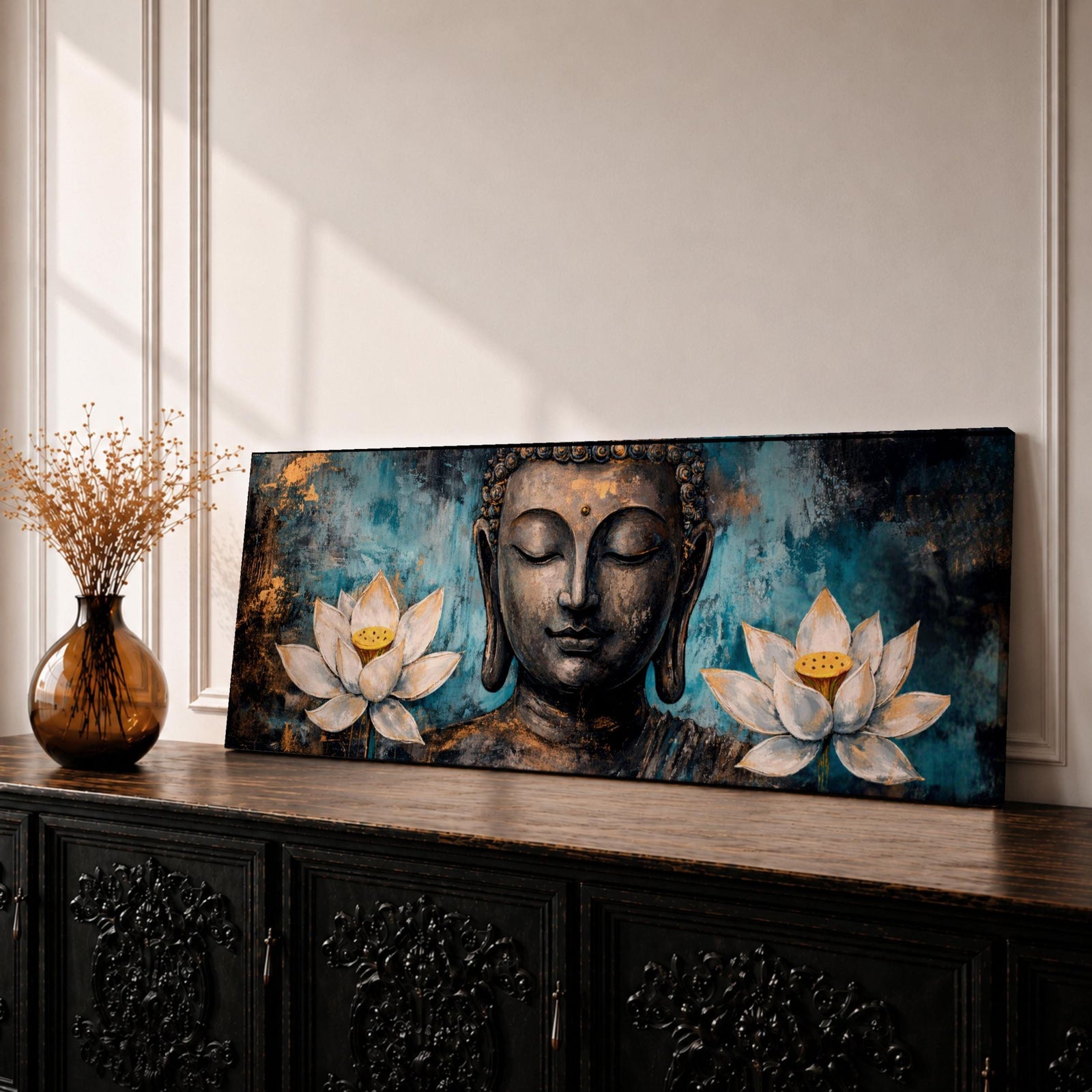 A long panoramic painting featuring a serene Buddha face with closed eyes centered between two blooming white lotus flowers. Rich textured tones of teal, black and gold surround the figure while the lotus blossoms frame the composition, creating a calm meditative Buddhist scene across a wide horizontal canvas.