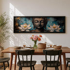 A long panoramic painting featuring a serene Buddha face with closed eyes centered between two blooming white lotus flowers. Rich textured tones of teal, black and gold surround the figure while the lotus blossoms frame the composition, creating a calm meditative Buddhist scene across a wide horizontal canvas.