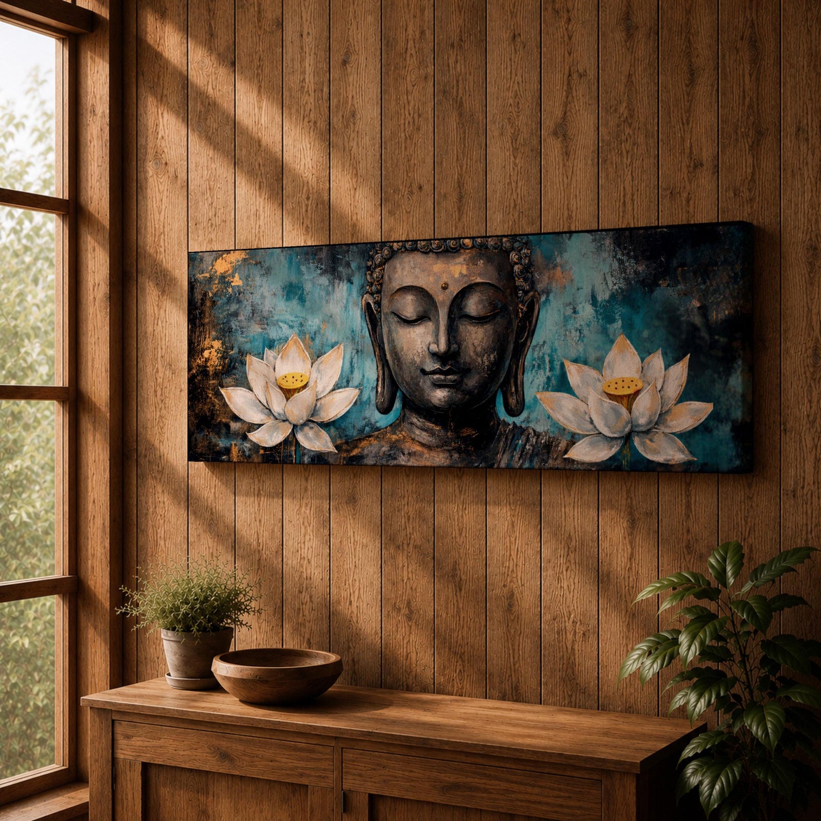A long panoramic painting featuring a serene Buddha face with closed eyes centered between two blooming white lotus flowers. Rich textured tones of teal, black and gold surround the figure while the lotus blossoms frame the composition, creating a calm meditative Buddhist scene across a wide horizontal canvas.
