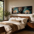 A long panoramic painting featuring a serene Buddha face with closed eyes centered between two blooming white lotus flowers. Rich textured tones of teal, black and gold surround the figure while the lotus blossoms frame the composition, creating a calm meditative Buddhist scene across a wide horizontal canvas.