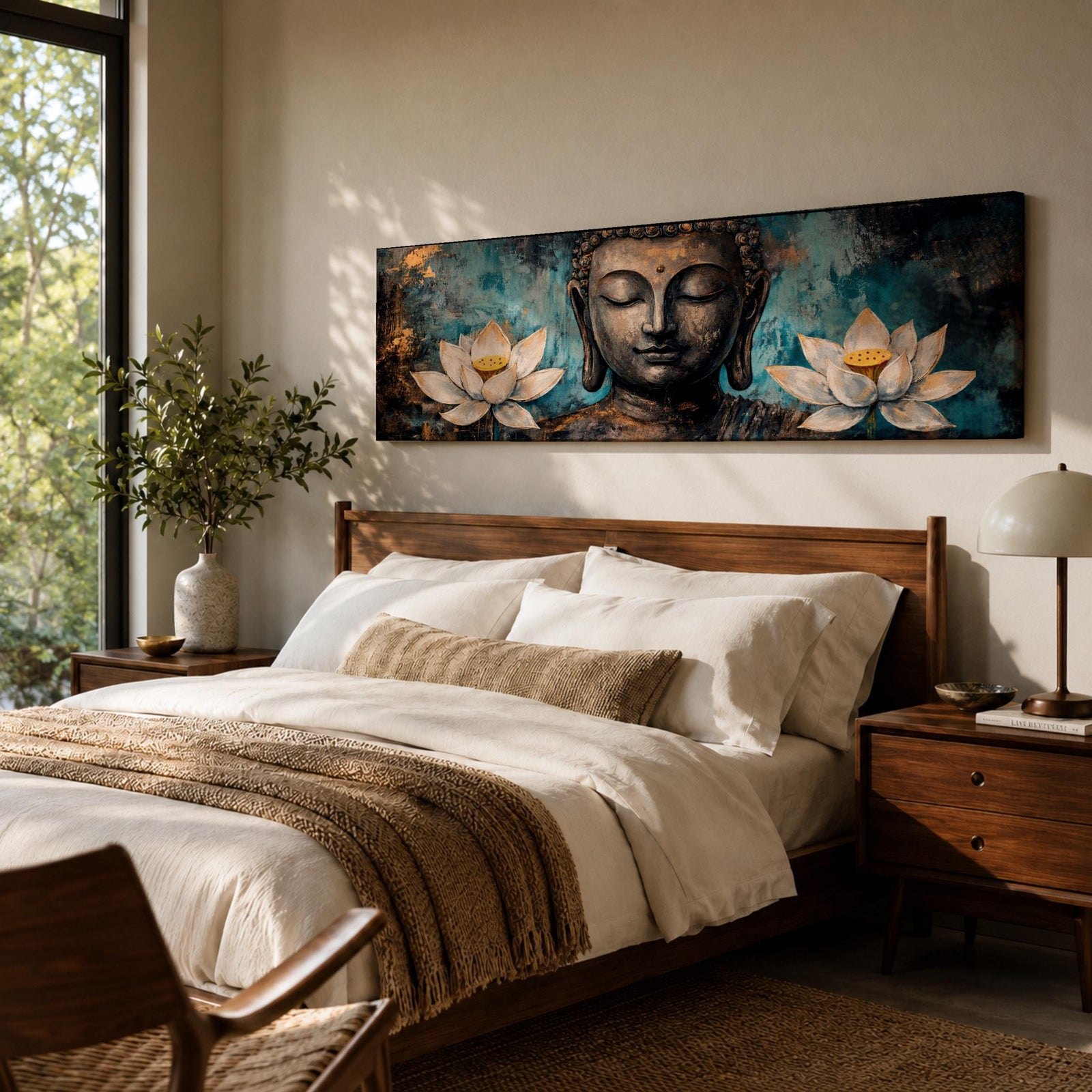 A long panoramic painting featuring a serene Buddha face with closed eyes centered between two blooming white lotus flowers. Rich textured tones of teal, black and gold surround the figure while the lotus blossoms frame the composition, creating a calm meditative Buddhist scene across a wide horizontal canvas.