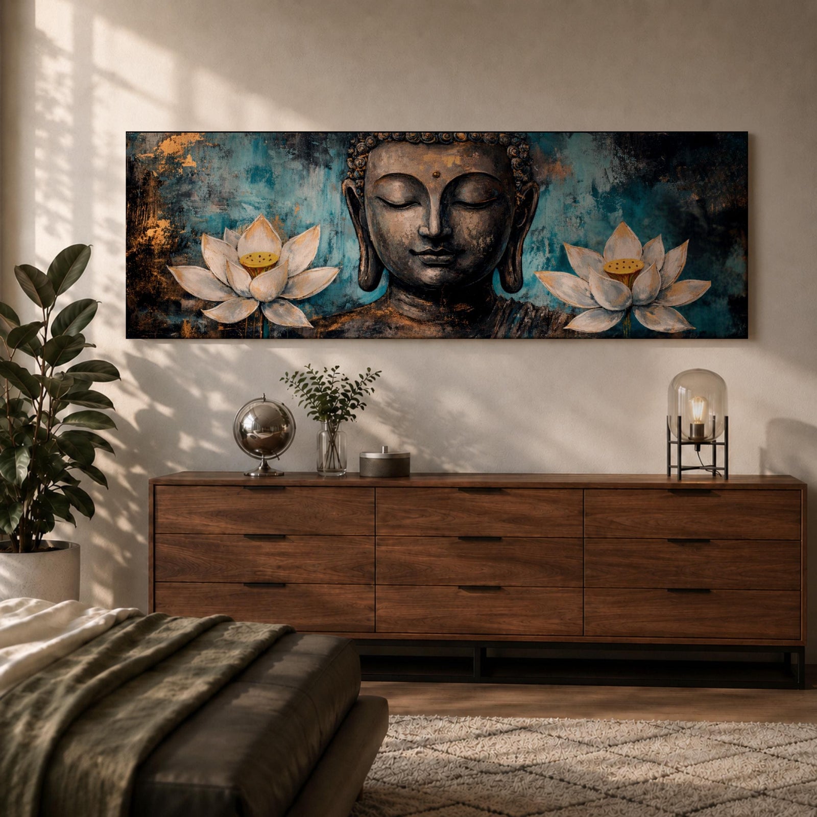 A long panoramic painting featuring a serene Buddha face with closed eyes centered between two blooming white lotus flowers. Rich textured tones of teal, black and gold surround the figure while the lotus blossoms frame the composition, creating a calm meditative Buddhist scene across a wide horizontal canvas.