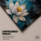 A long panoramic painting featuring a serene Buddha face with closed eyes centered between two blooming white lotus flowers. Rich textured tones of teal, black and gold surround the figure while the lotus blossoms frame the composition, creating a calm meditative Buddhist scene across a wide horizontal canvas.