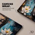 A long panoramic painting featuring a serene Buddha face with closed eyes centered between two blooming white lotus flowers. Rich textured tones of teal, black and gold surround the figure while the lotus blossoms frame the composition, creating a calm meditative Buddhist scene across a wide horizontal canvas.