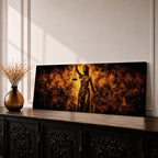 A long panoramic artwork depicting Lady Justice standing with raised scales and a sword, symbolizing law and balance. The classical statue figure is illuminated with dramatic golden light against a dark textured background, creating a powerful legal symbolism scene across a wide horizontal composition.
