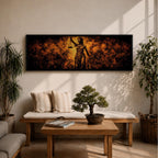 A long panoramic artwork depicting Lady Justice standing with raised scales and a sword, symbolizing law and balance. The classical statue figure is illuminated with dramatic golden light against a dark textured background, creating a powerful legal symbolism scene across a wide horizontal composition.
