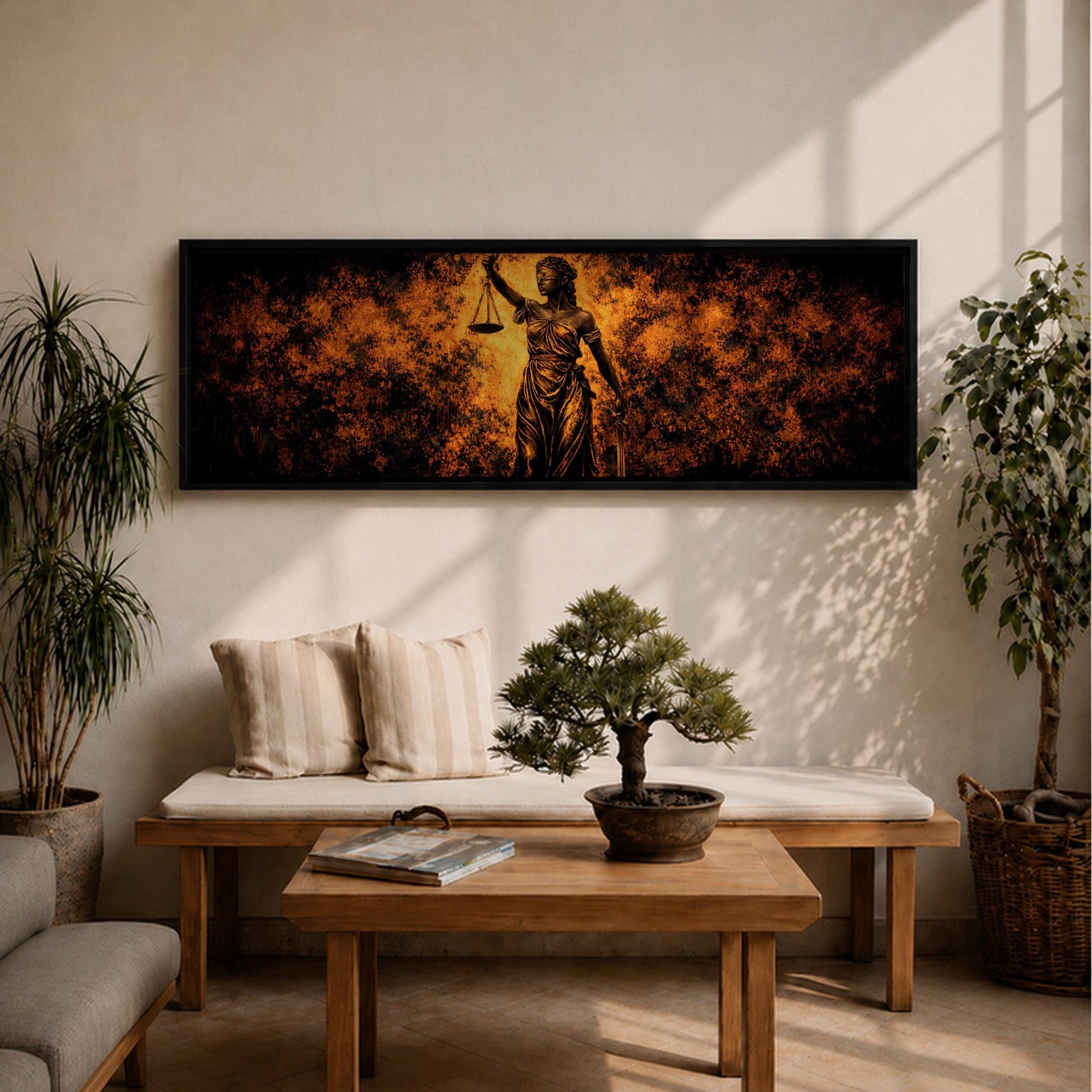 A long panoramic artwork depicting Lady Justice standing with raised scales and a sword, symbolizing law and balance. The classical statue figure is illuminated with dramatic golden light against a dark textured background, creating a powerful legal symbolism scene across a wide horizontal composition.