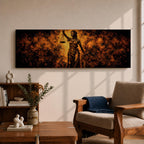 A long panoramic artwork depicting Lady Justice standing with raised scales and a sword, symbolizing law and balance. The classical statue figure is illuminated with dramatic golden light against a dark textured background, creating a powerful legal symbolism scene across a wide horizontal composition.