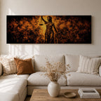A long panoramic artwork depicting Lady Justice standing with raised scales and a sword, symbolizing law and balance. The classical statue figure is illuminated with dramatic golden light against a dark textured background, creating a powerful legal symbolism scene across a wide horizontal composition.