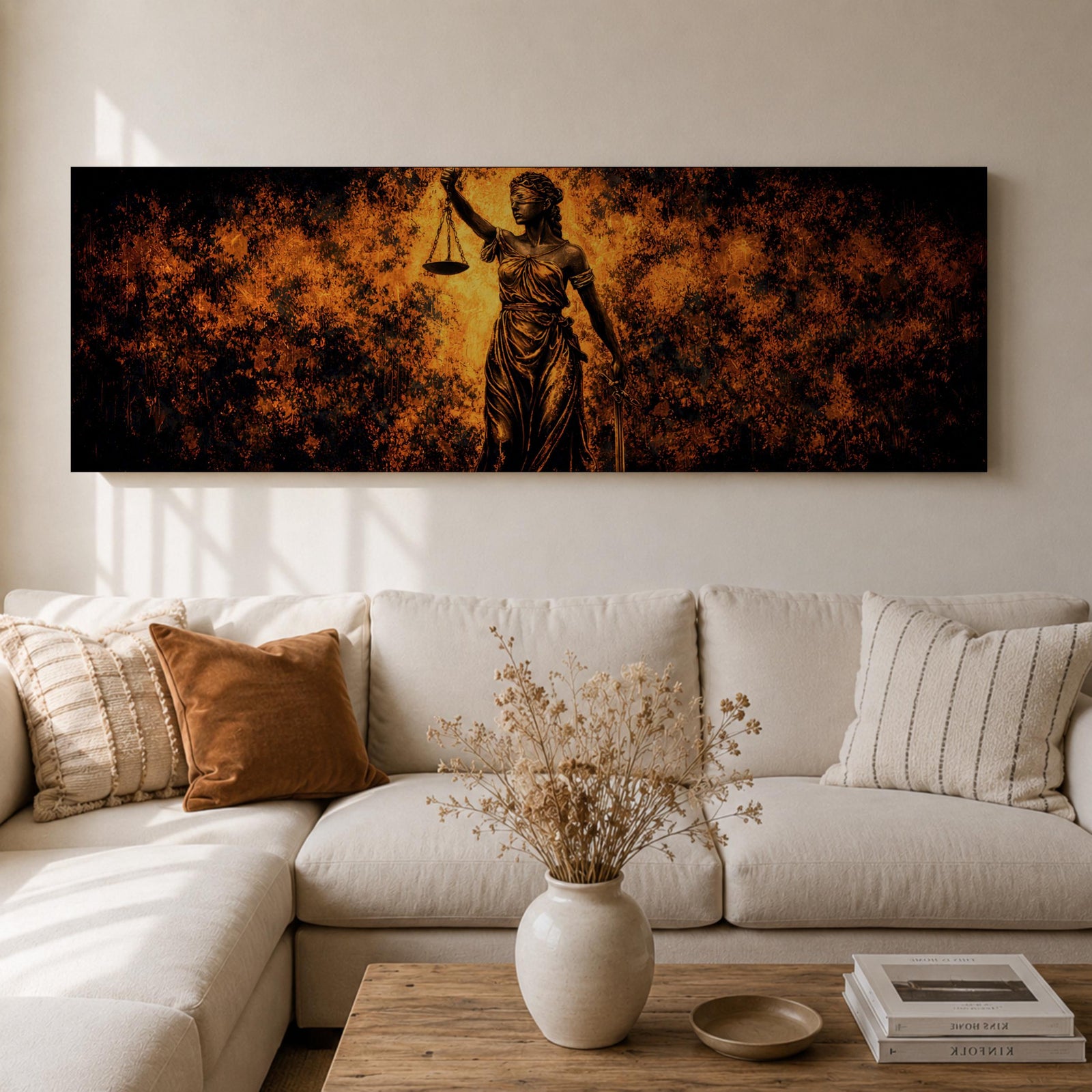 A long panoramic artwork depicting Lady Justice standing with raised scales and a sword, symbolizing law and balance. The classical statue figure is illuminated with dramatic golden light against a dark textured background, creating a powerful legal symbolism scene across a wide horizontal composition.