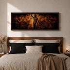A long panoramic artwork depicting Lady Justice standing with raised scales and a sword, symbolizing law and balance. The classical statue figure is illuminated with dramatic golden light against a dark textured background, creating a powerful legal symbolism scene across a wide horizontal composition.