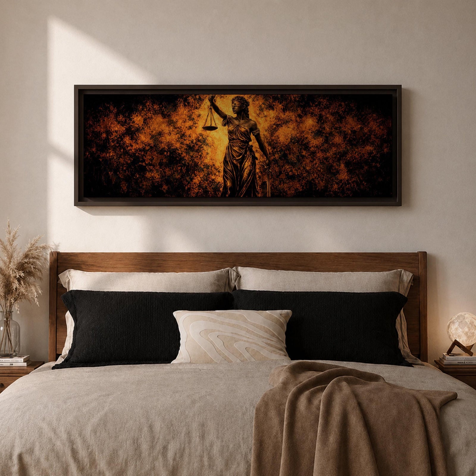 A long panoramic artwork depicting Lady Justice standing with raised scales and a sword, symbolizing law and balance. The classical statue figure is illuminated with dramatic golden light against a dark textured background, creating a powerful legal symbolism scene across a wide horizontal composition.