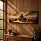 A long panoramic painting of the Al Aqsa compound in Jerusalem featuring the golden Dome of the Rock rising above detailed arches and historic stone structures. The sacred mosque complex stands in the foreground with the Jerusalem skyline extending behind it beneath dramatic golden clouds in a wide horizontal composition.