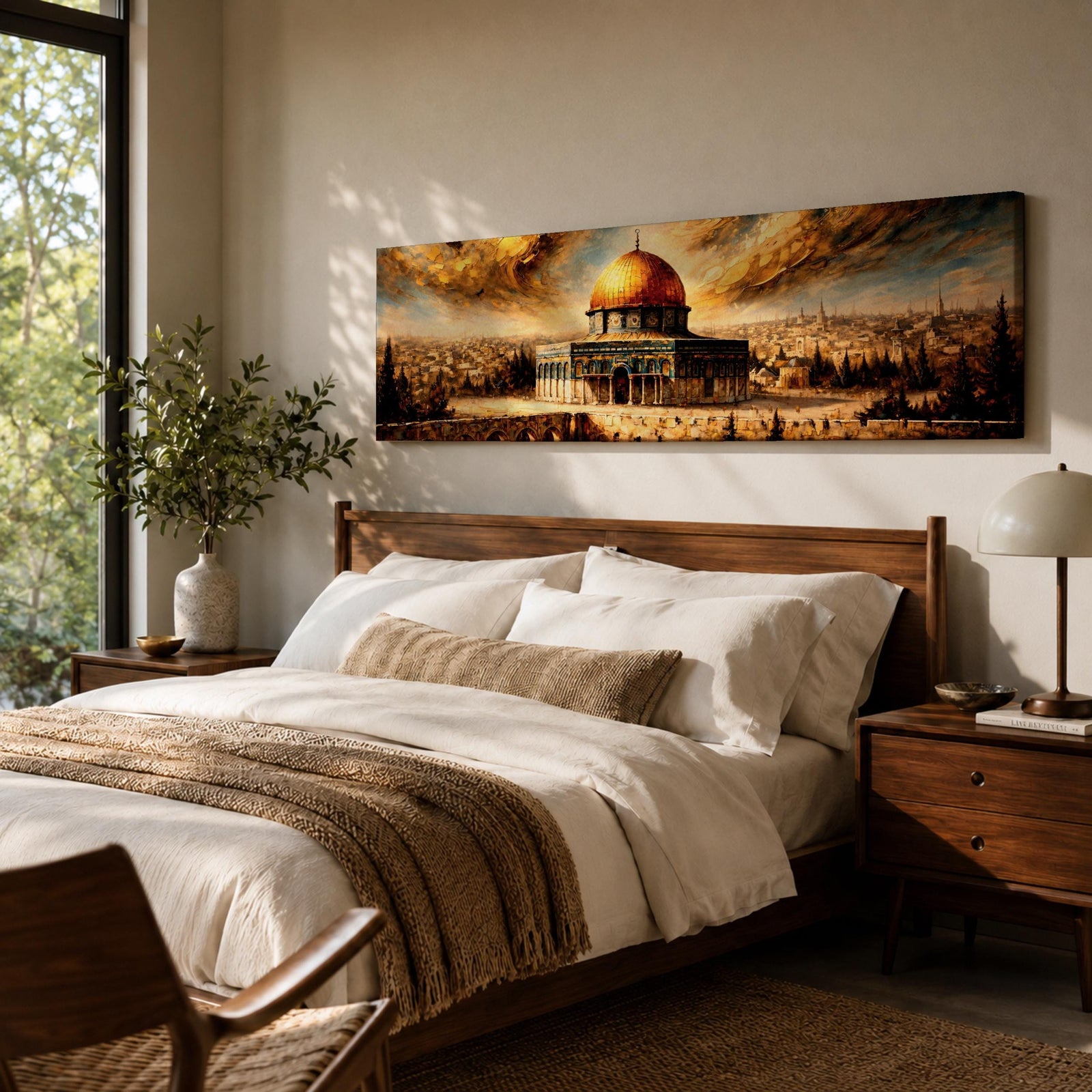 A long panoramic painting of the Al Aqsa compound in Jerusalem featuring the golden Dome of the Rock rising above detailed arches and historic stone structures. The sacred mosque complex stands in the foreground with the Jerusalem skyline extending behind it beneath dramatic golden clouds in a wide horizontal composition.