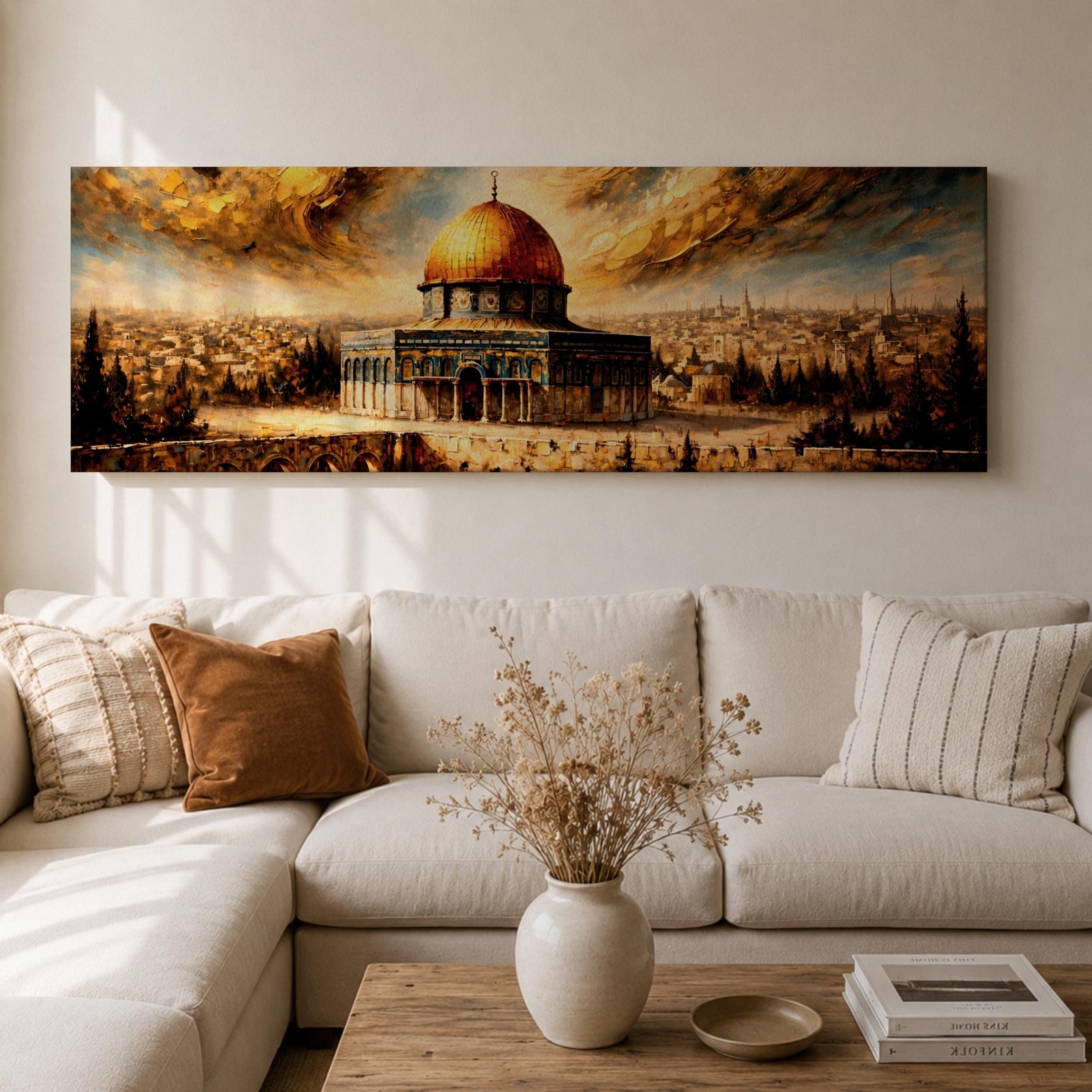 A long panoramic painting of the Al Aqsa compound in Jerusalem featuring the golden Dome of the Rock rising above detailed arches and historic stone structures. The sacred mosque complex stands in the foreground with the Jerusalem skyline extending behind it beneath dramatic golden clouds in a wide horizontal composition.