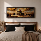 A long panoramic painting of the Al Aqsa compound in Jerusalem featuring the golden Dome of the Rock rising above detailed arches and historic stone structures. The sacred mosque complex stands in the foreground with the Jerusalem skyline extending behind it beneath dramatic golden clouds in a wide horizontal composition.