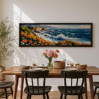 A long panoramic coastal painting showing ocean waves crashing against rocky cliffs while bright orange wildflowers bloom along the shoreline. Deep blue water and white sea foam move toward the coast beneath a clear sky, creating a vibrant seascape landscape in a wide horizontal composition.