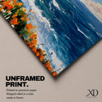 A long panoramic coastal painting showing ocean waves crashing against rocky cliffs while bright orange wildflowers bloom along the shoreline. Deep blue water and white sea foam move toward the coast beneath a clear sky, creating a vibrant seascape landscape in a wide horizontal composition.