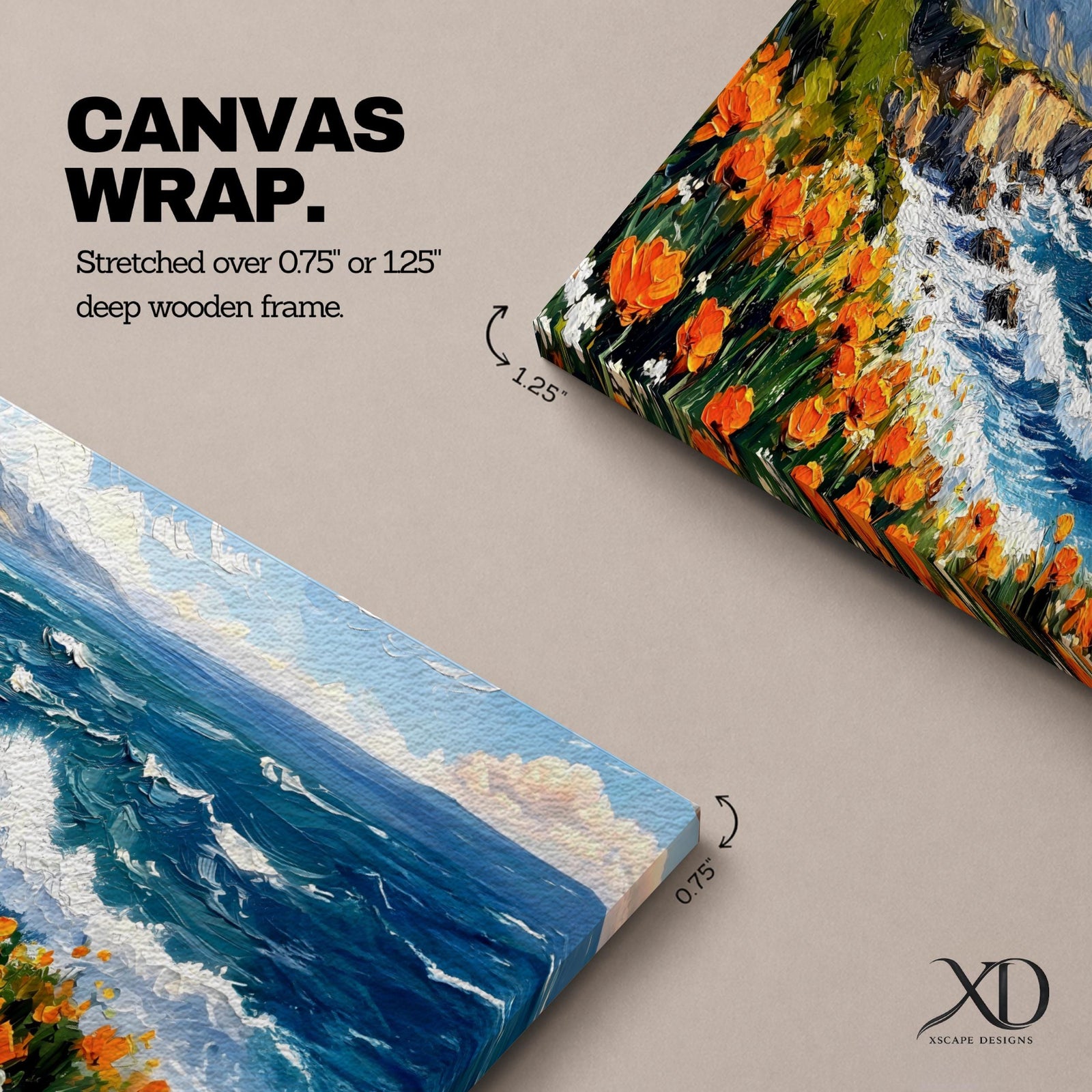 A long panoramic coastal painting showing ocean waves crashing against rocky cliffs while bright orange wildflowers bloom along the shoreline. Deep blue water and white sea foam move toward the coast beneath a clear sky, creating a vibrant seascape landscape in a wide horizontal composition.
