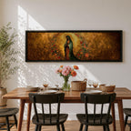A long panoramic artwork depicting Our Lady of Guadalupe standing in prayer with folded hands and bowed head. She wears a green star covered mantle over a rose colored gown and is surrounded by radiant golden rays and a wreath of vibrant flowers, forming a traditional Catholic Marian image in a wide horizontal composition.