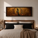 A long panoramic artwork depicting Our Lady of Guadalupe standing in prayer with folded hands and bowed head. She wears a green star covered mantle over a rose colored gown and is surrounded by radiant golden rays and a wreath of vibrant flowers, forming a traditional Catholic Marian image in a wide horizontal composition.
