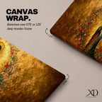 A long panoramic artwork depicting Our Lady of Guadalupe standing in prayer with folded hands and bowed head. She wears a green star covered mantle over a rose colored gown and is surrounded by radiant golden rays and a wreath of vibrant flowers, forming a traditional Catholic Marian image in a wide horizontal composition.