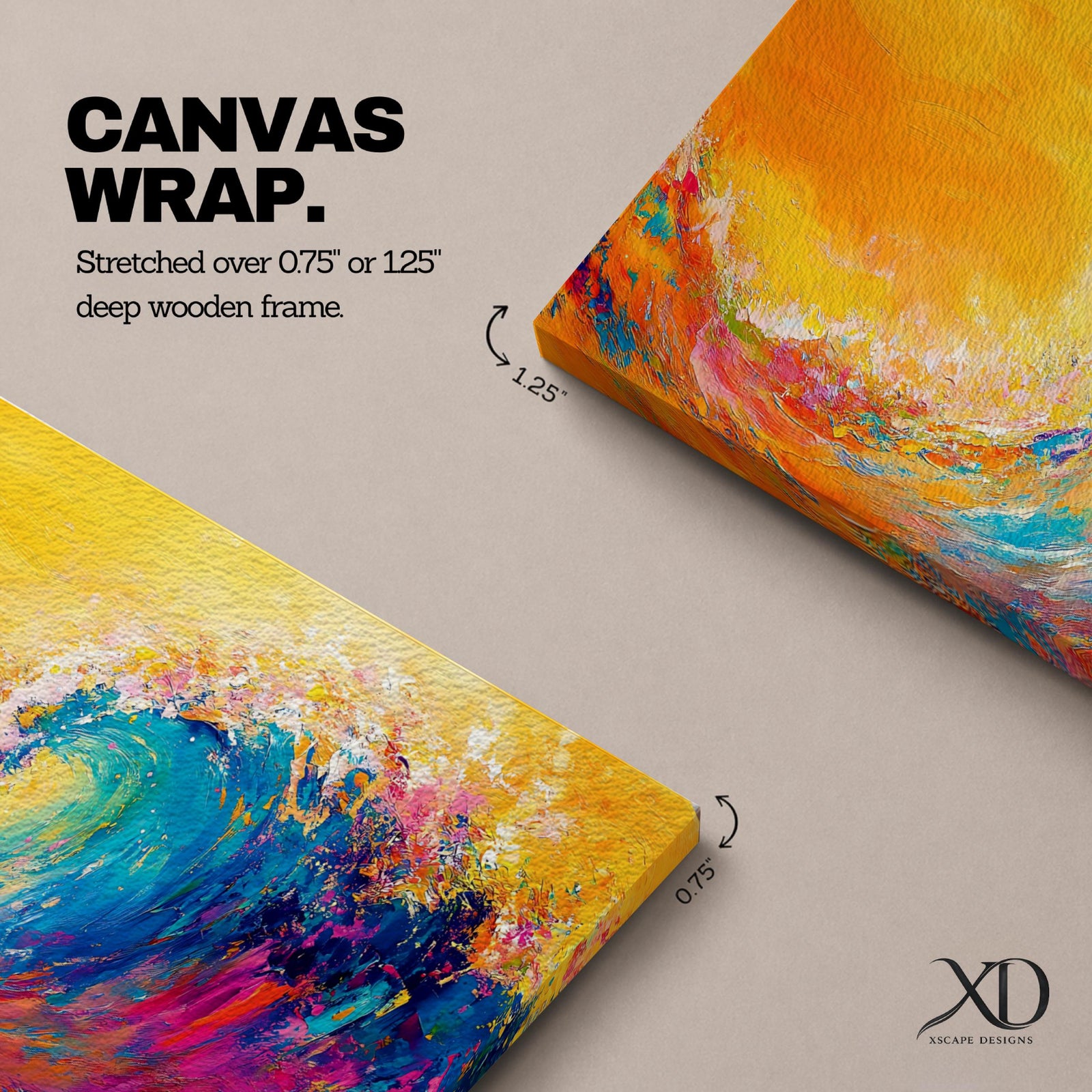 A long panoramic abstract painting of a powerful ocean wave curling upward with vibrant brush textures. Bright turquoise, deep blue, pink, and orange paint blend together beneath a glowing golden sky, forming an energetic seascape with expressive color and motion across a wide horizontal composition.