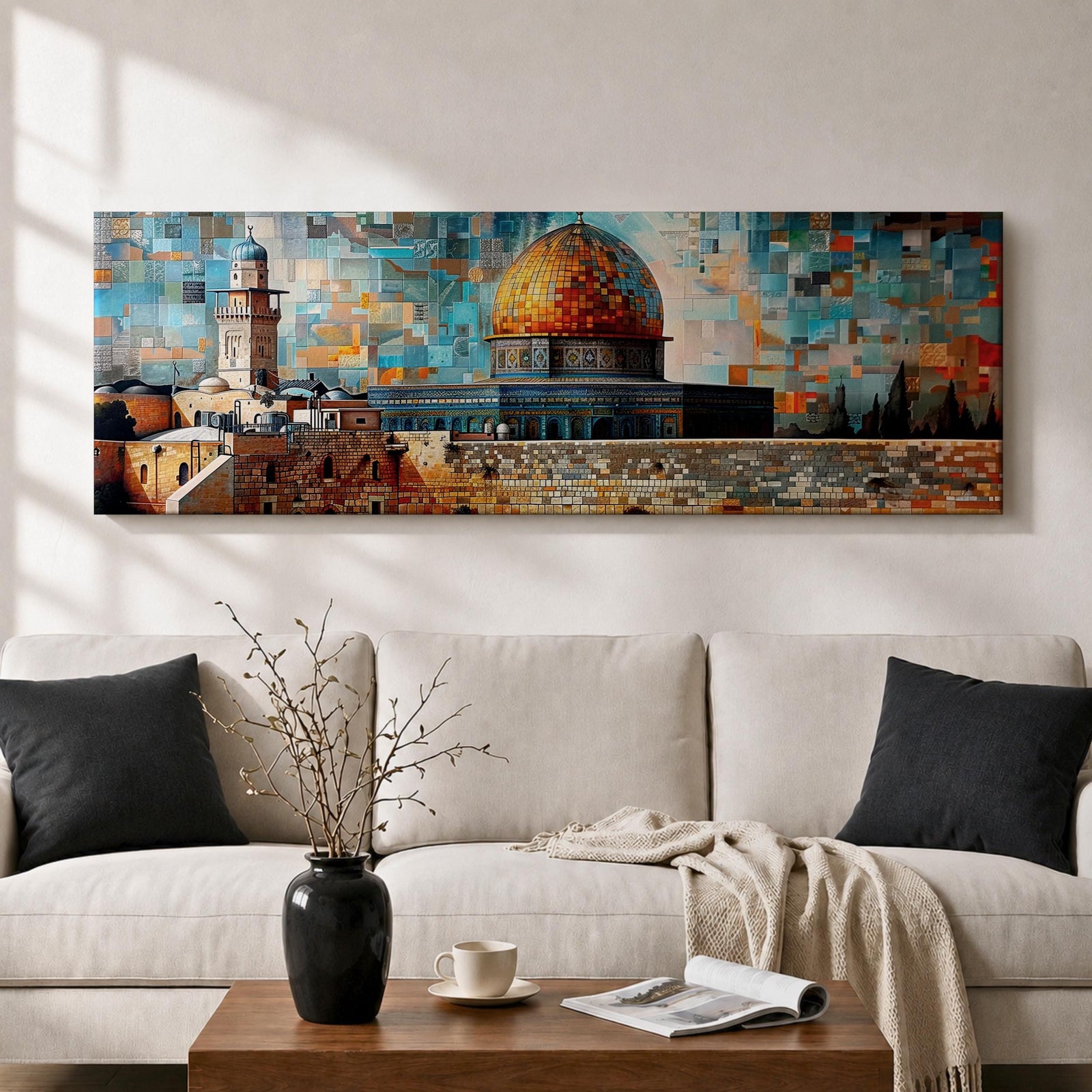 A long panoramic mosaic style artwork depicting the Al Aqsa compound in Jerusalem with the golden Dome of the Rock rising above historic stone walls and surrounding architecture. The scene is built from colorful geometric tiles and textured blocks, creating a vibrant Islamic cityscape across a wide horizontal composition.