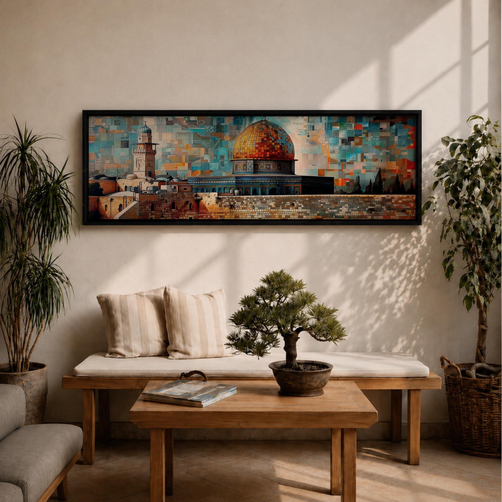 A long panoramic mosaic style artwork depicting the Al Aqsa compound in Jerusalem with the golden Dome of the Rock rising above historic stone walls and surrounding architecture. The scene is built from colorful geometric tiles and textured blocks, creating a vibrant Islamic cityscape across a wide horizontal composition.